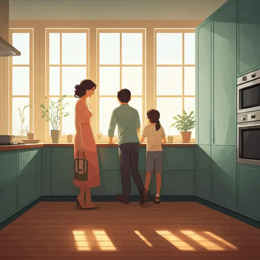 Family in a sunlit modern kitchen enjoying a cool indoor atmosphere