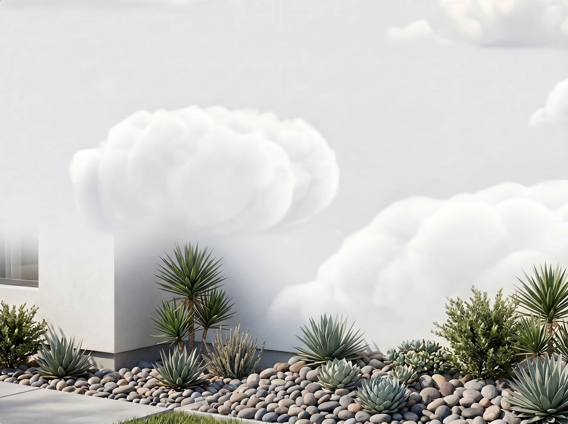 Clean white modern Florida home exterior with succulent landscaping and soft clouds