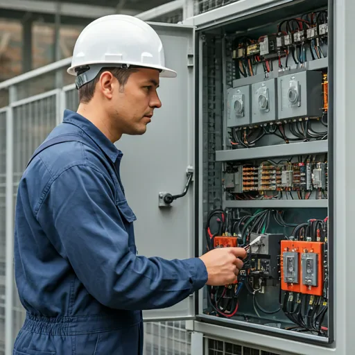 HVAC technician inspecting the electrical panel of an external cooling unit