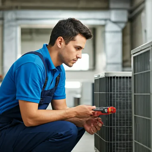 HVAC technician in clean uniform inspecting a high-efficiency AC unit